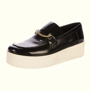 AUTH CELINE PLATFORM LOAFERS NICE PATENT LEATHER 7 BLACK CHUNKY CREAM SOLE